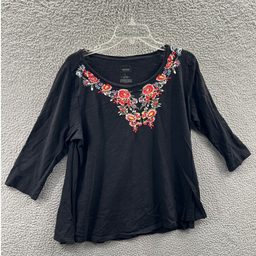 Womens Boho Peasant Top L Embroidered Floral Relaxed Casual Cottage Pullover